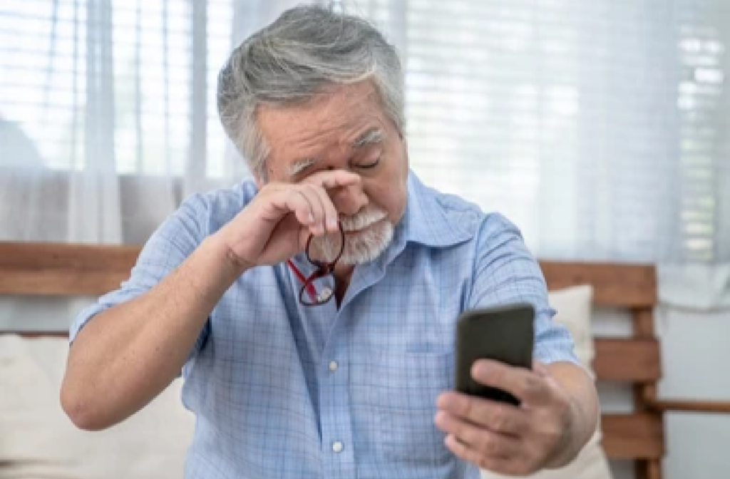 A man taking off his glasses and rubbing his eye because he cannot see clearly due to cataracts