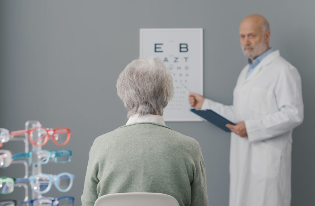 A mature patent's visual acuity is evaluated during a routine eye exam.