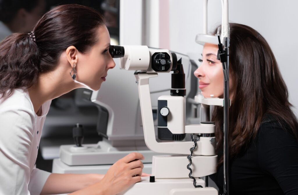 A patient visiting an eye doctor for a dry eye consultation.