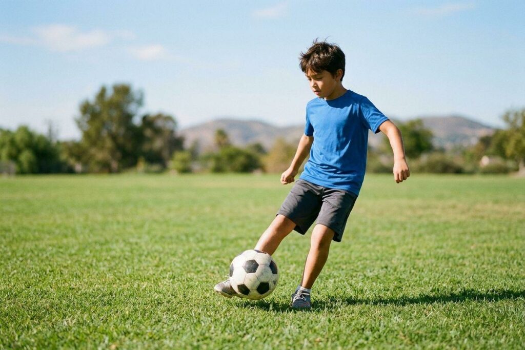 Child in blue shirt kicking a soccer ball on a grassy field with trees and hills in the background.