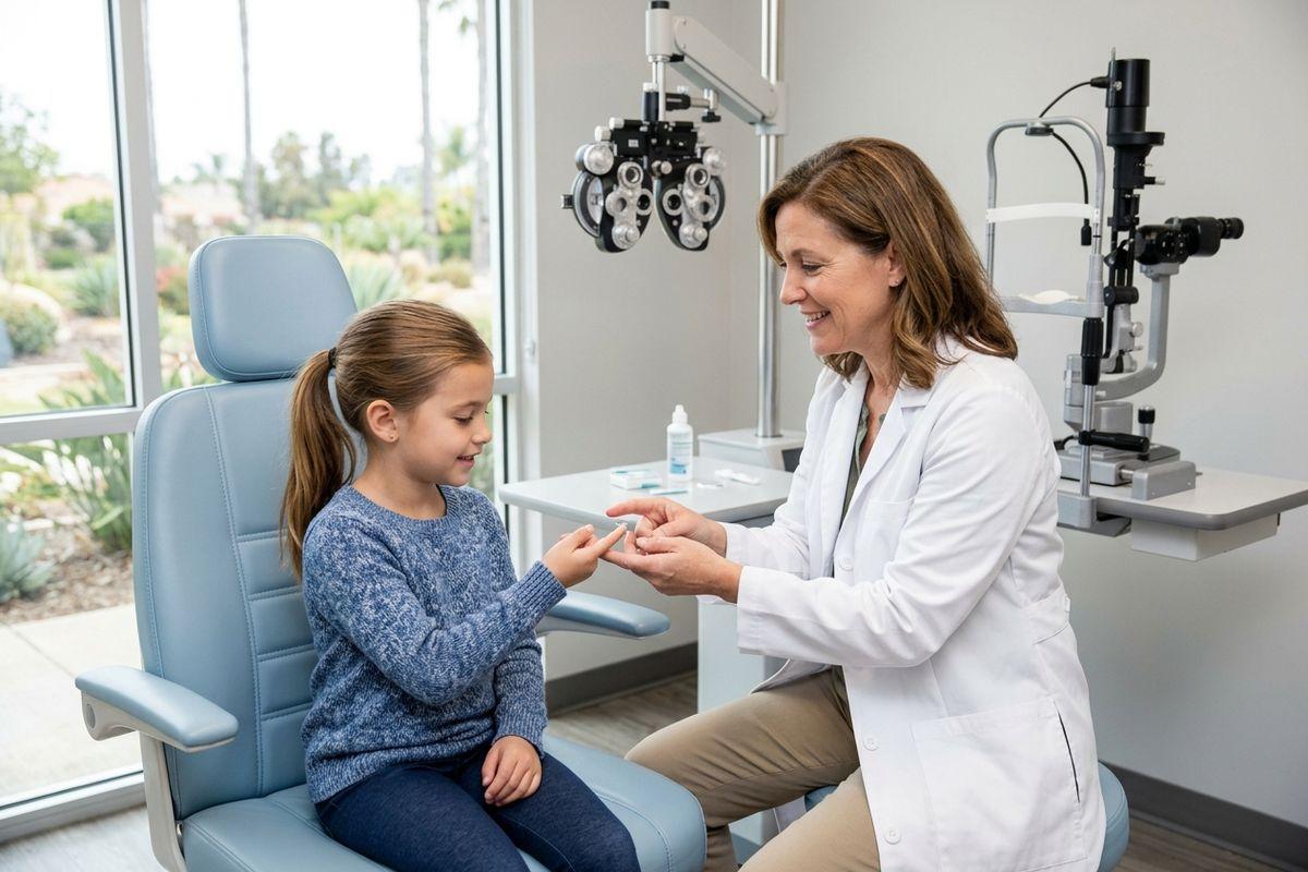 Optometrist smiling while handing a small item to a child seated in an exam chair, phoropter and slit lamp nearby.