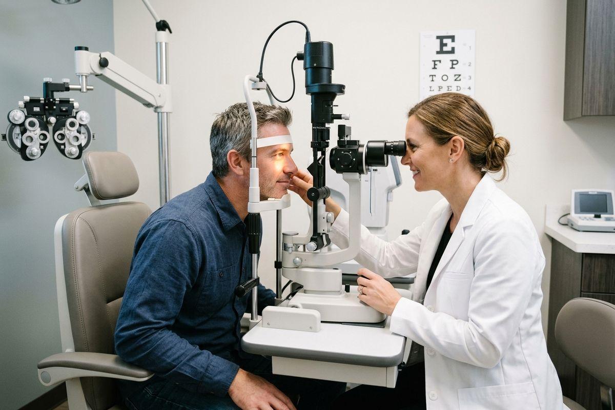Optometrist examines a patient's eyes with a slit lamp in an exam room, eye chart on the wall behind.