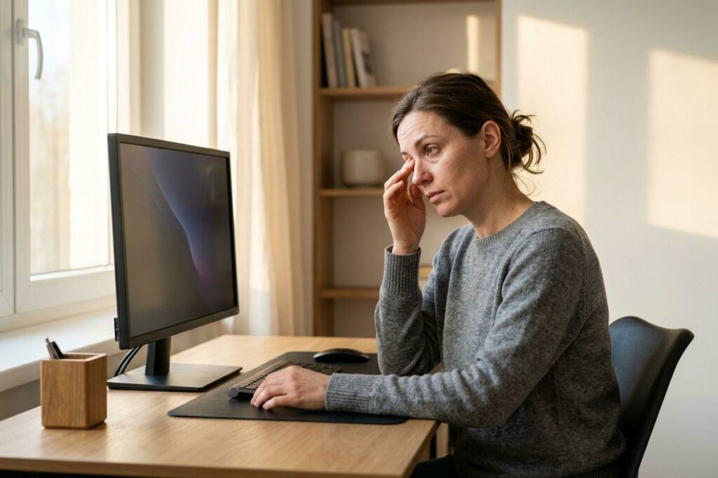 Person at a desk rubbing their eye while looking at a computer monitor, appearing tired.