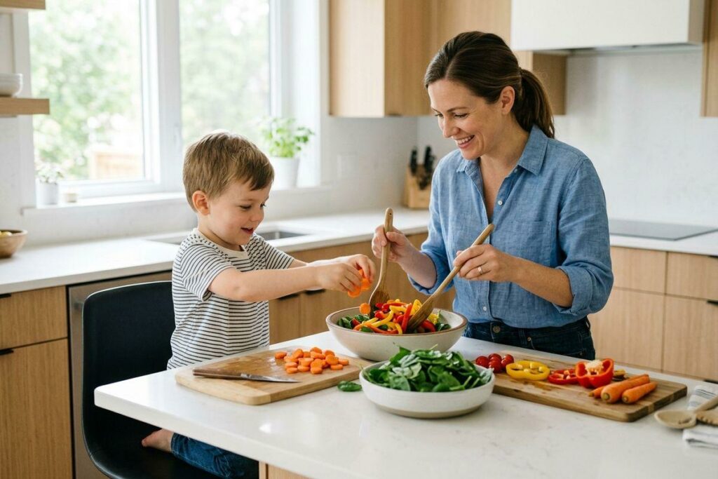 Adult and child smiling while making a vegetable salad together at a kitchen counter with cutting boards and fresh produce.