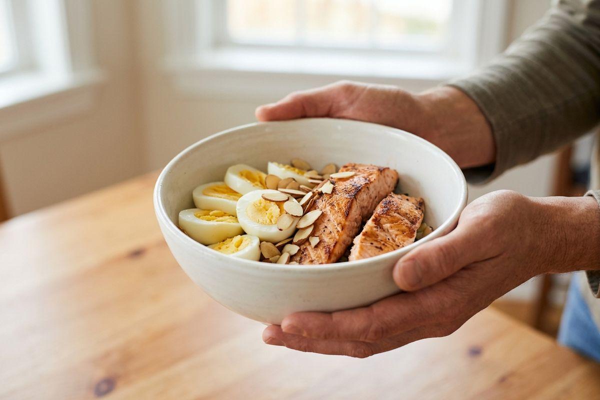 Hands holding a bowl of cooked salmon, halved boiled eggs, and sliced almonds over a wooden table.