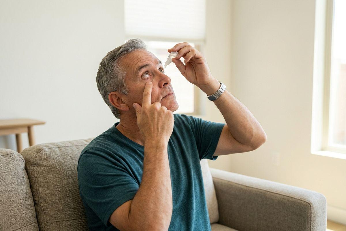 Older adult applying eye drops into one eye while sitting on a couch at home.