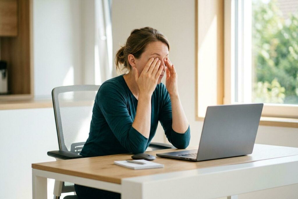 Person rubbing eyes while sitting at a desk with a laptop near a bright window.